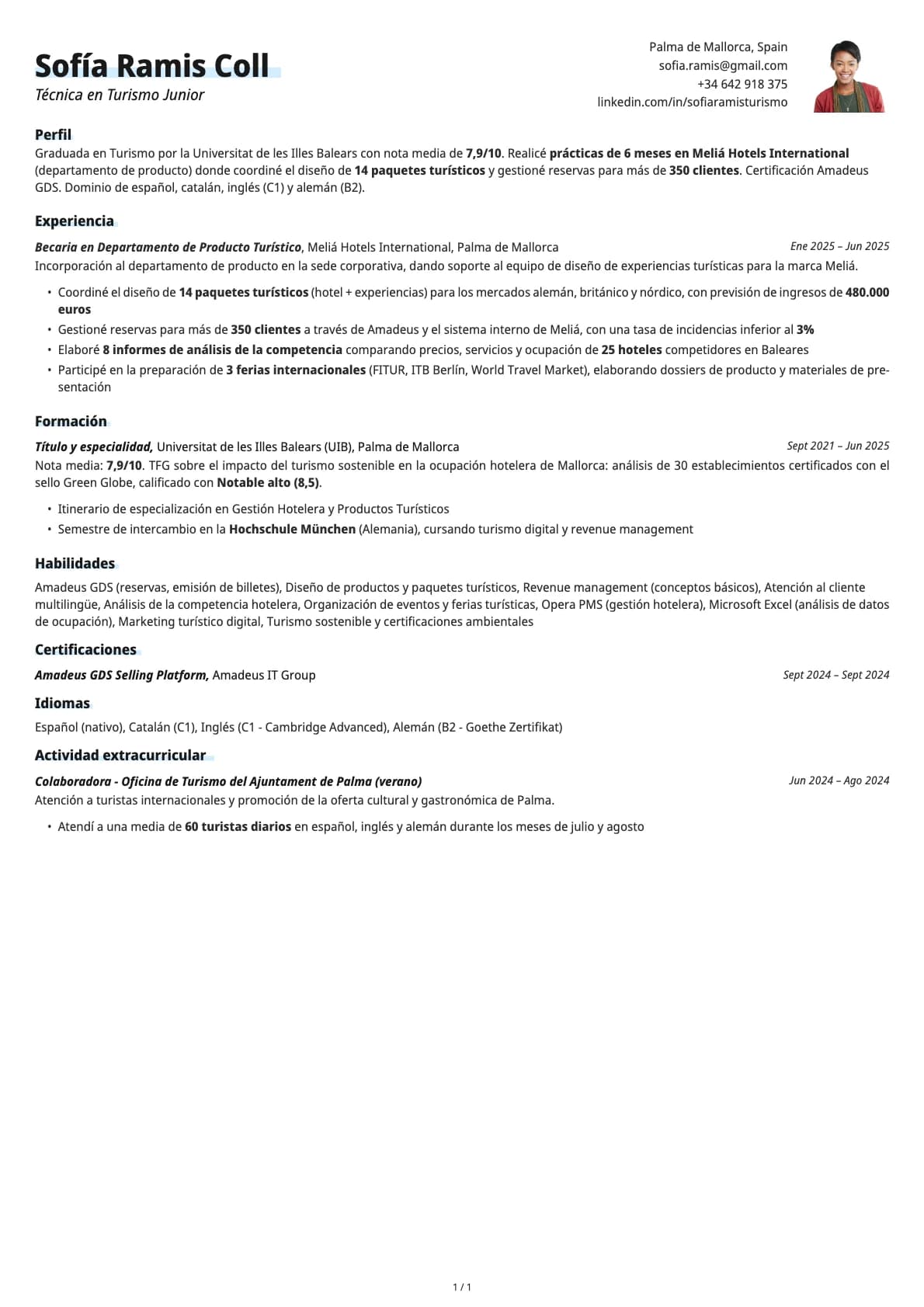Técnico en Turismo Junior resume example