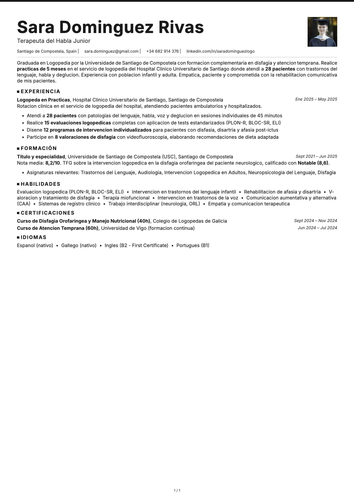 Terapeuta del Habla Junior resume example