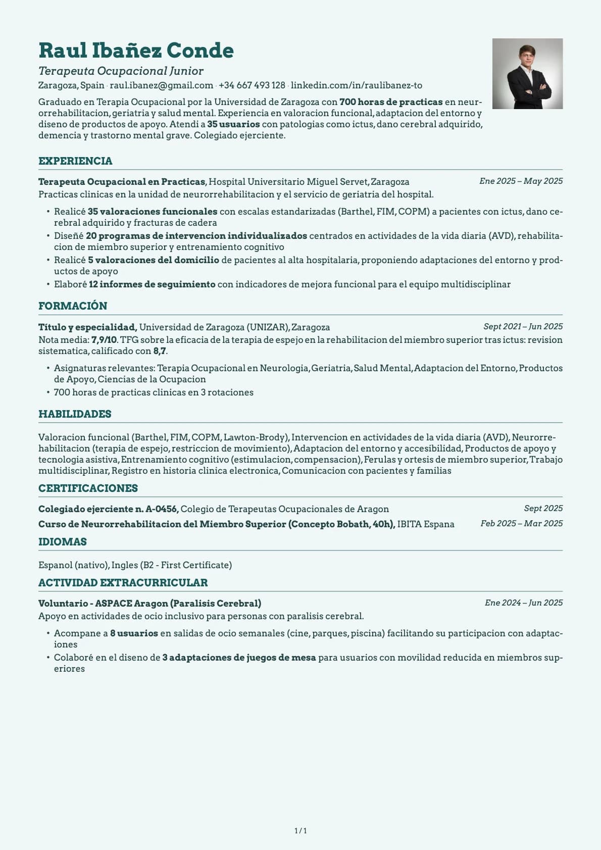 Terapeuta Ocupacional Junior resume example