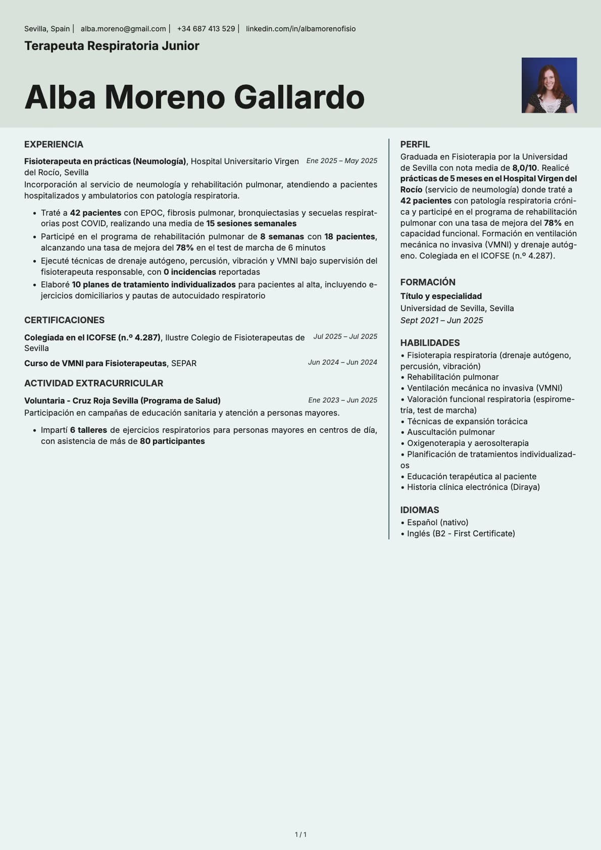 Terapeuta Respiratorio Junior resume example