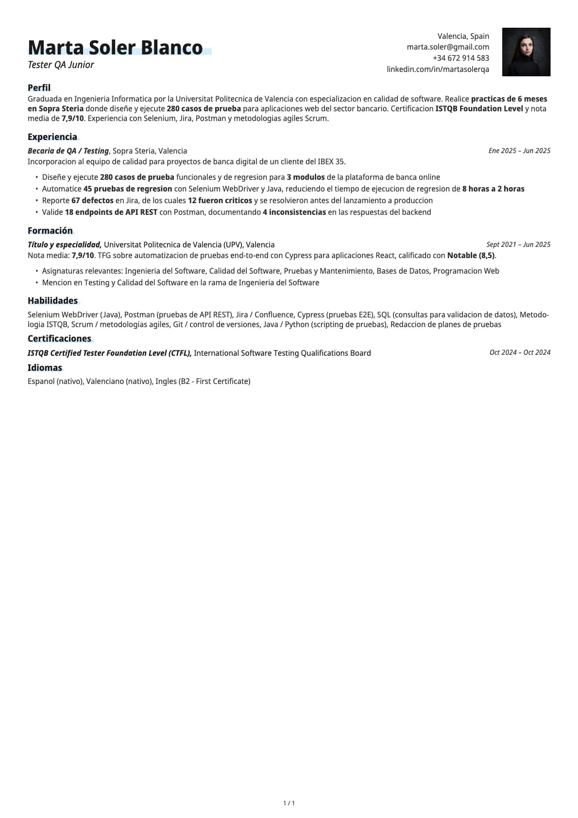 Tester QA Junior resume example