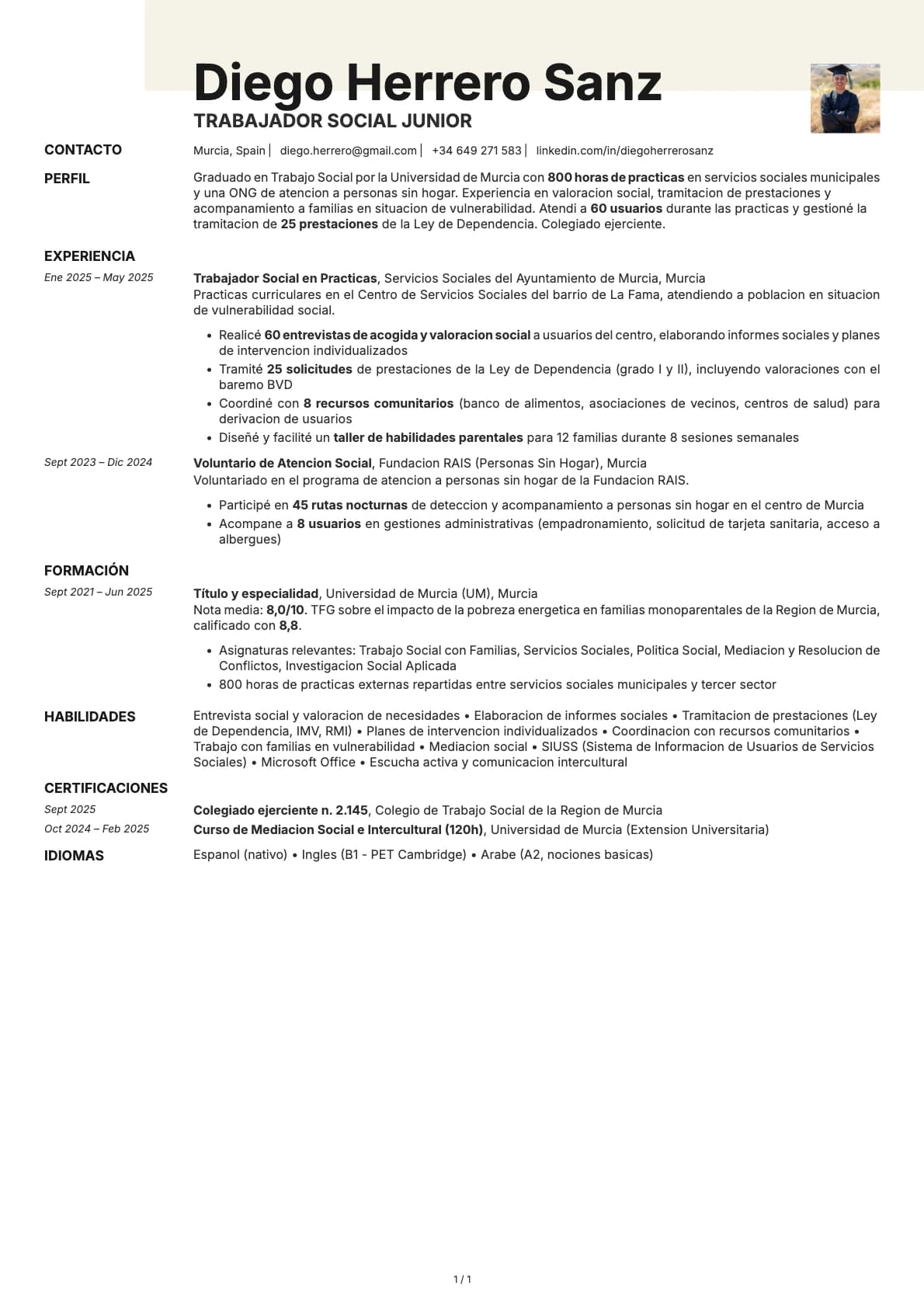 Trabajador Social Junior resume example