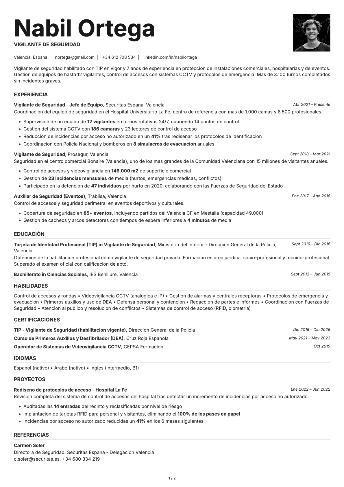 Vigilante de Seguridad resume example