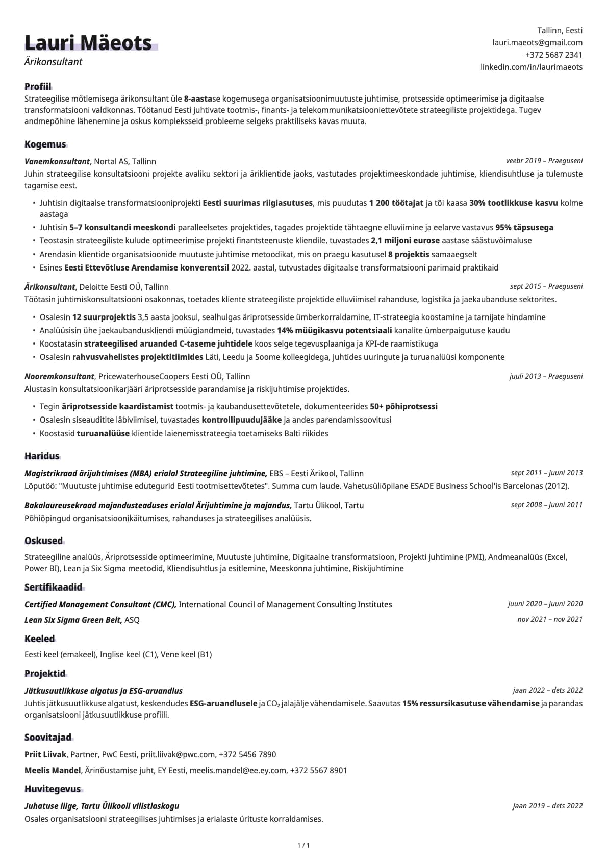 Ärikonsultant resume example