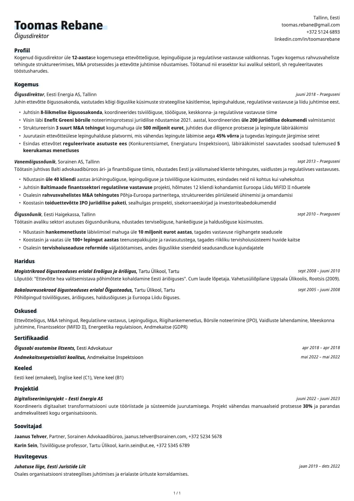 Õigusnõunik / Õigusdirektor resume example
