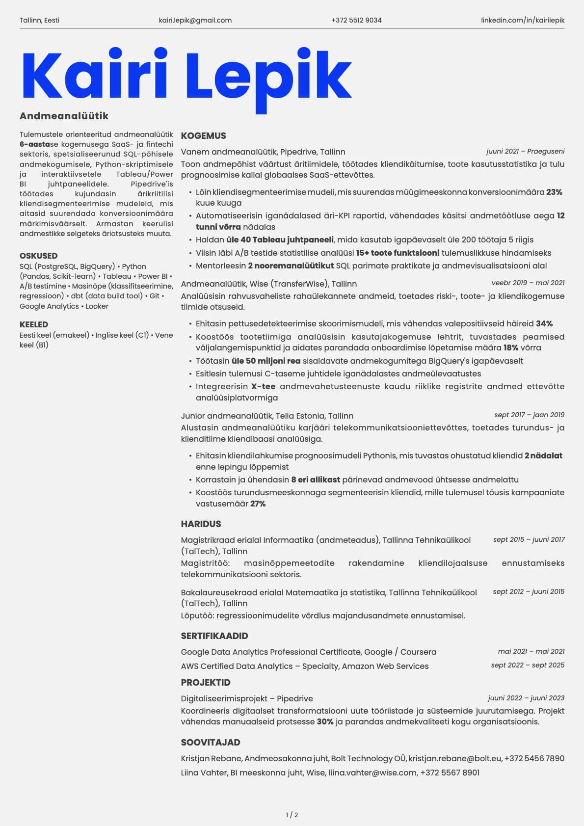 Andmeanalüütik resume example