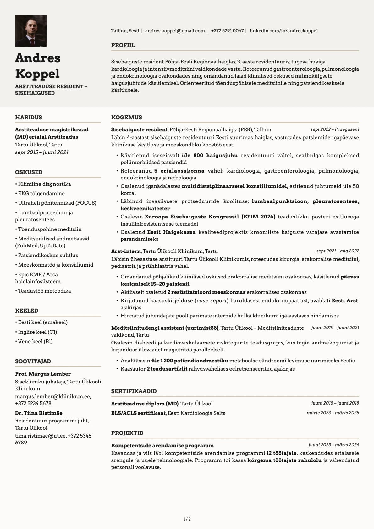 Arstiteaduse resident resume example