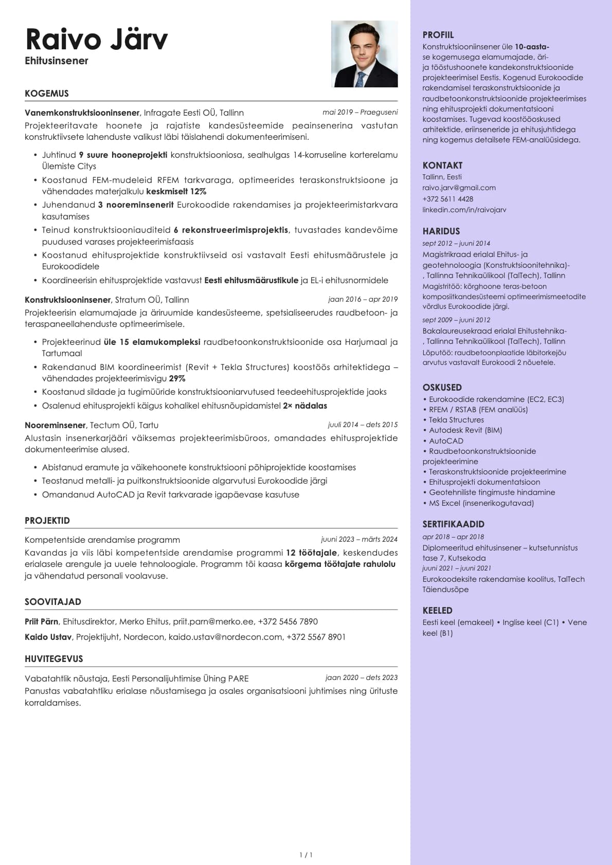Ehitusinseneer resume example