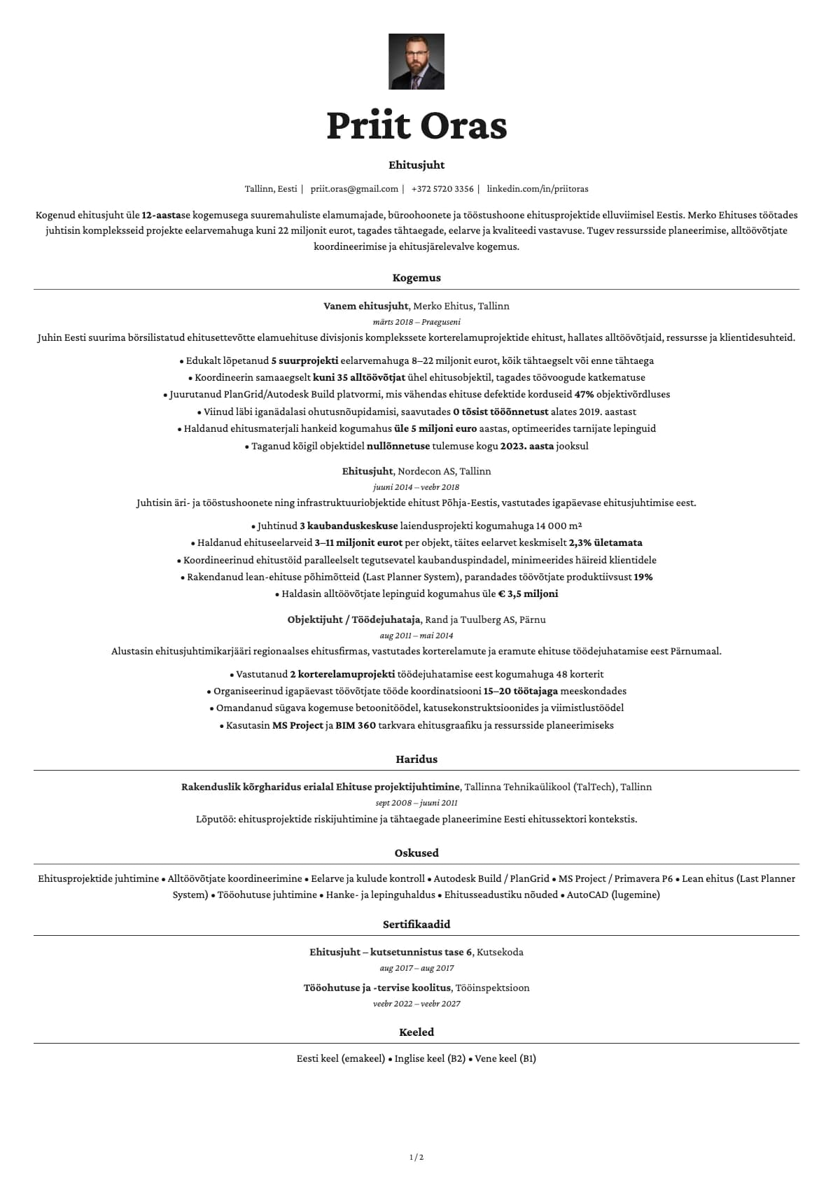 Ehitusjuht resume example