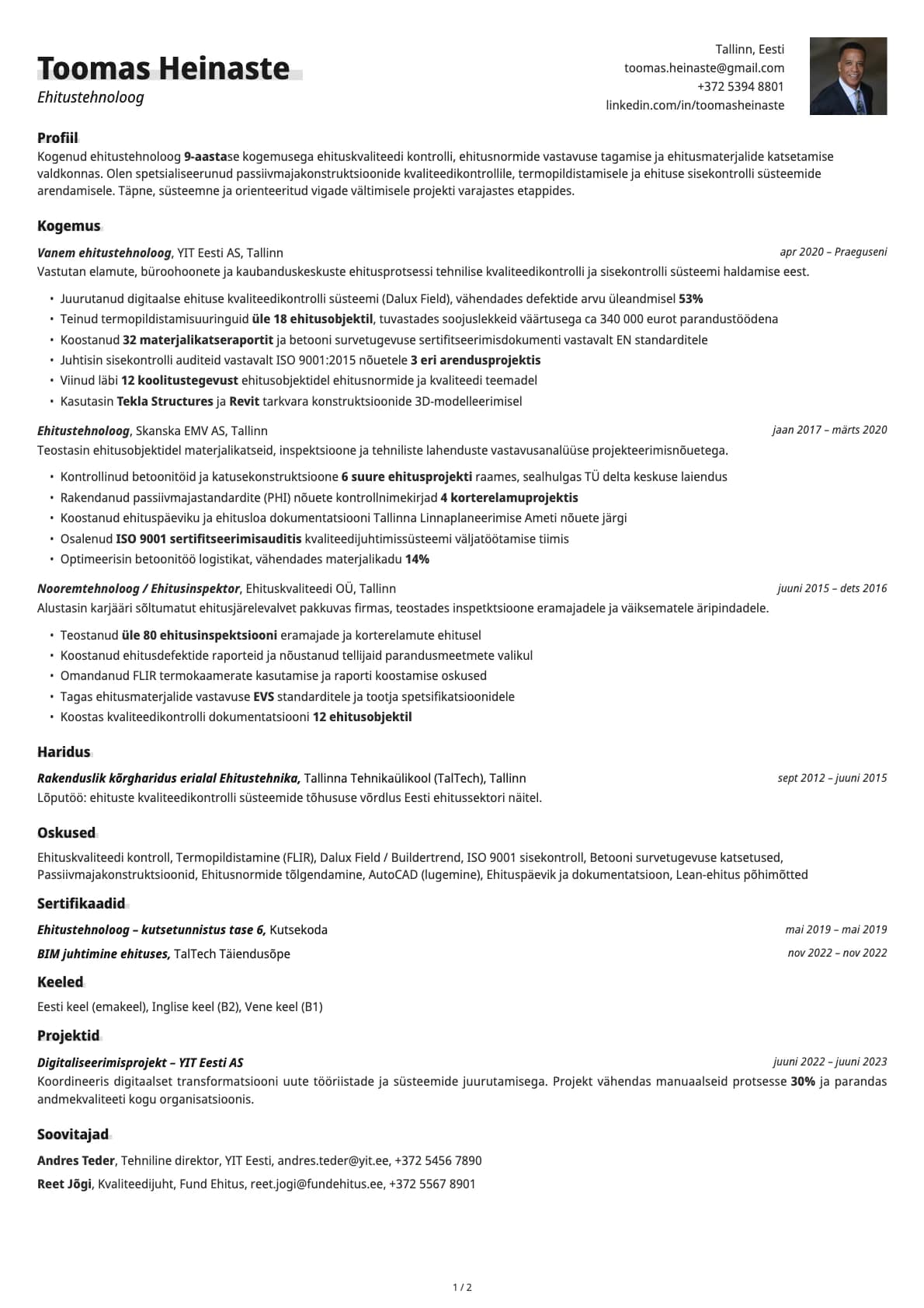 Ehitustehnoloog resume example