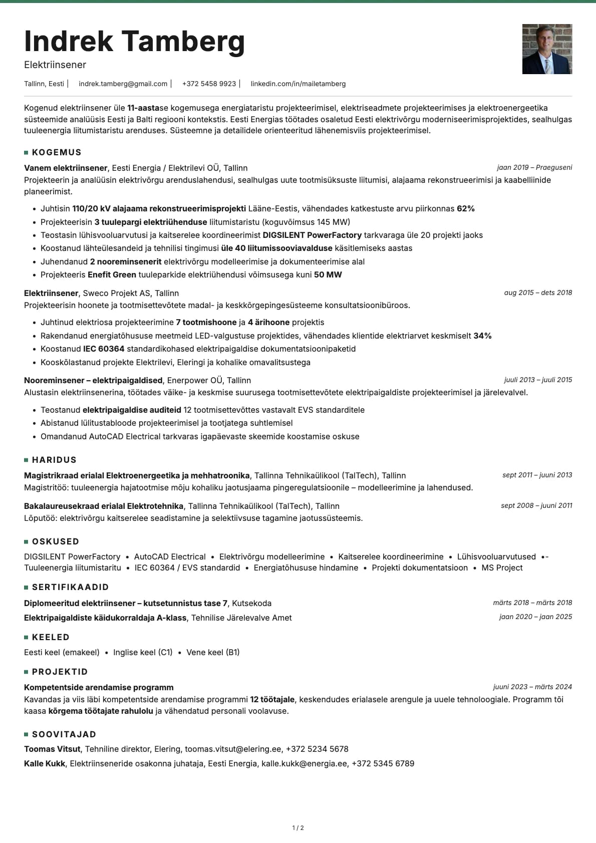 Elektriinsener resume example