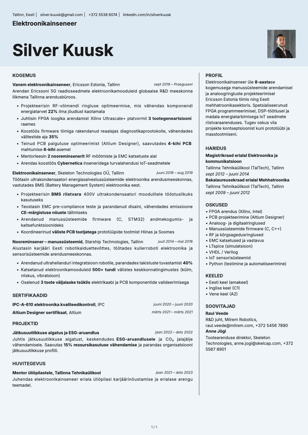 Elektroonikainseneer resume example
