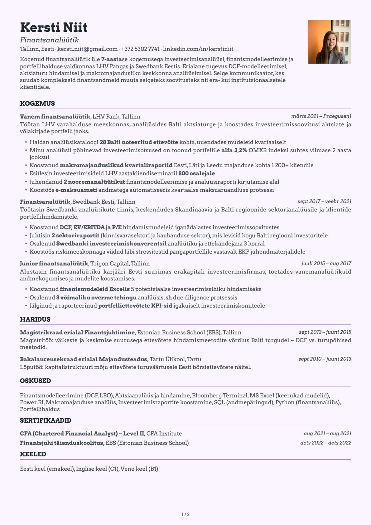 Finantsanalüütik resume example