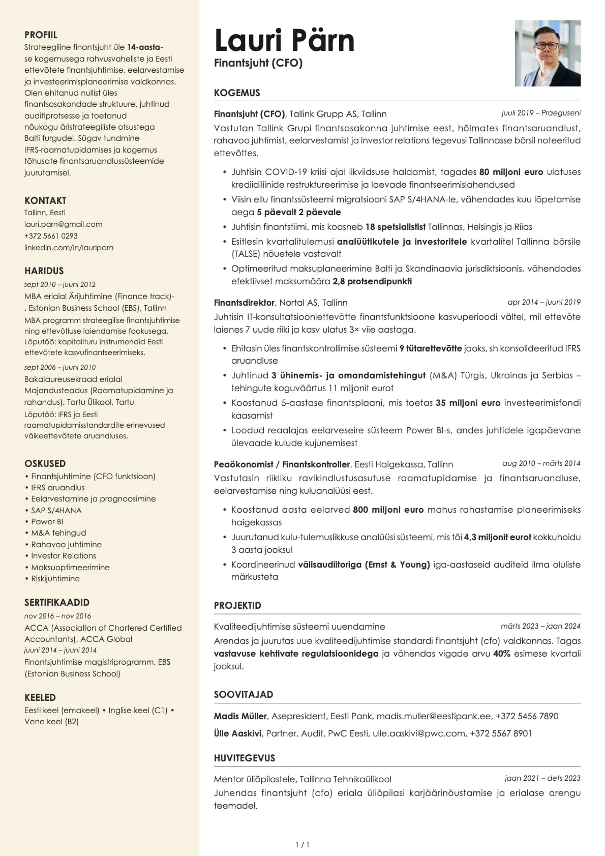 Finantsjuht resume example