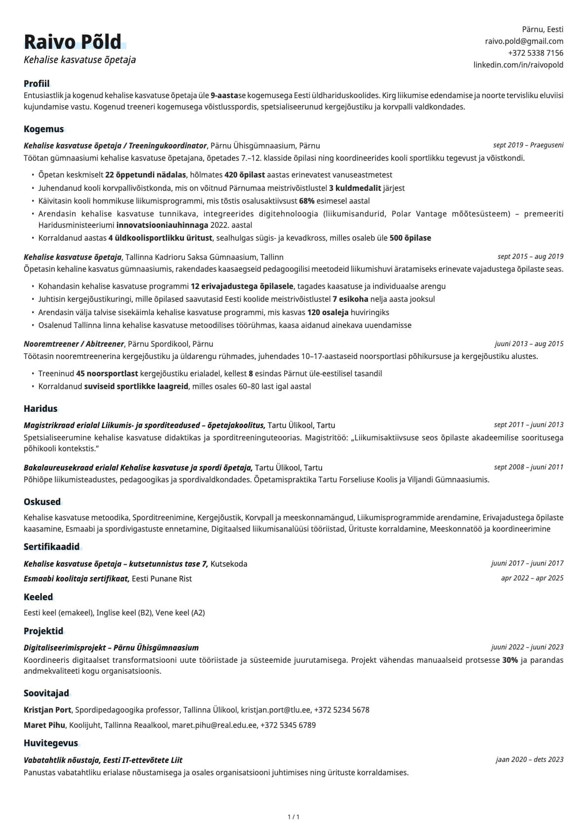 Kehalise kasvatuse õpetaja resume example
