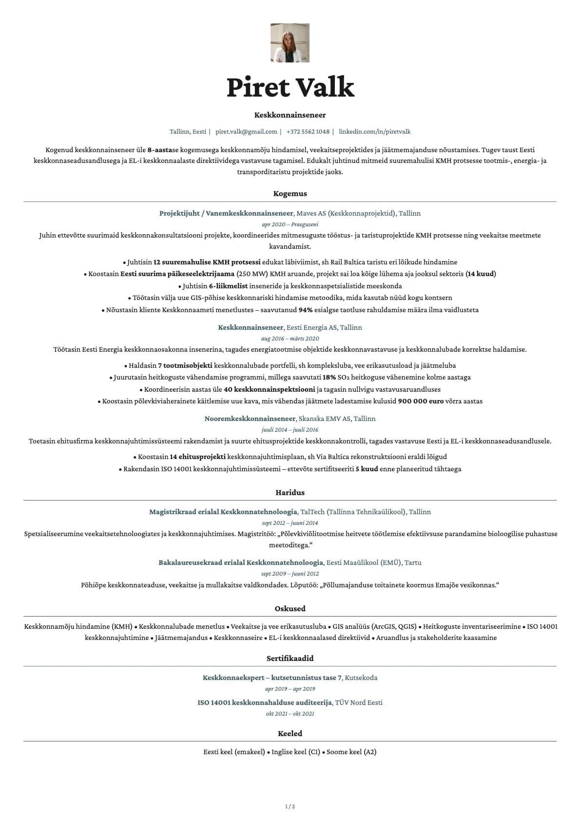 Keskkonnainseneer resume example