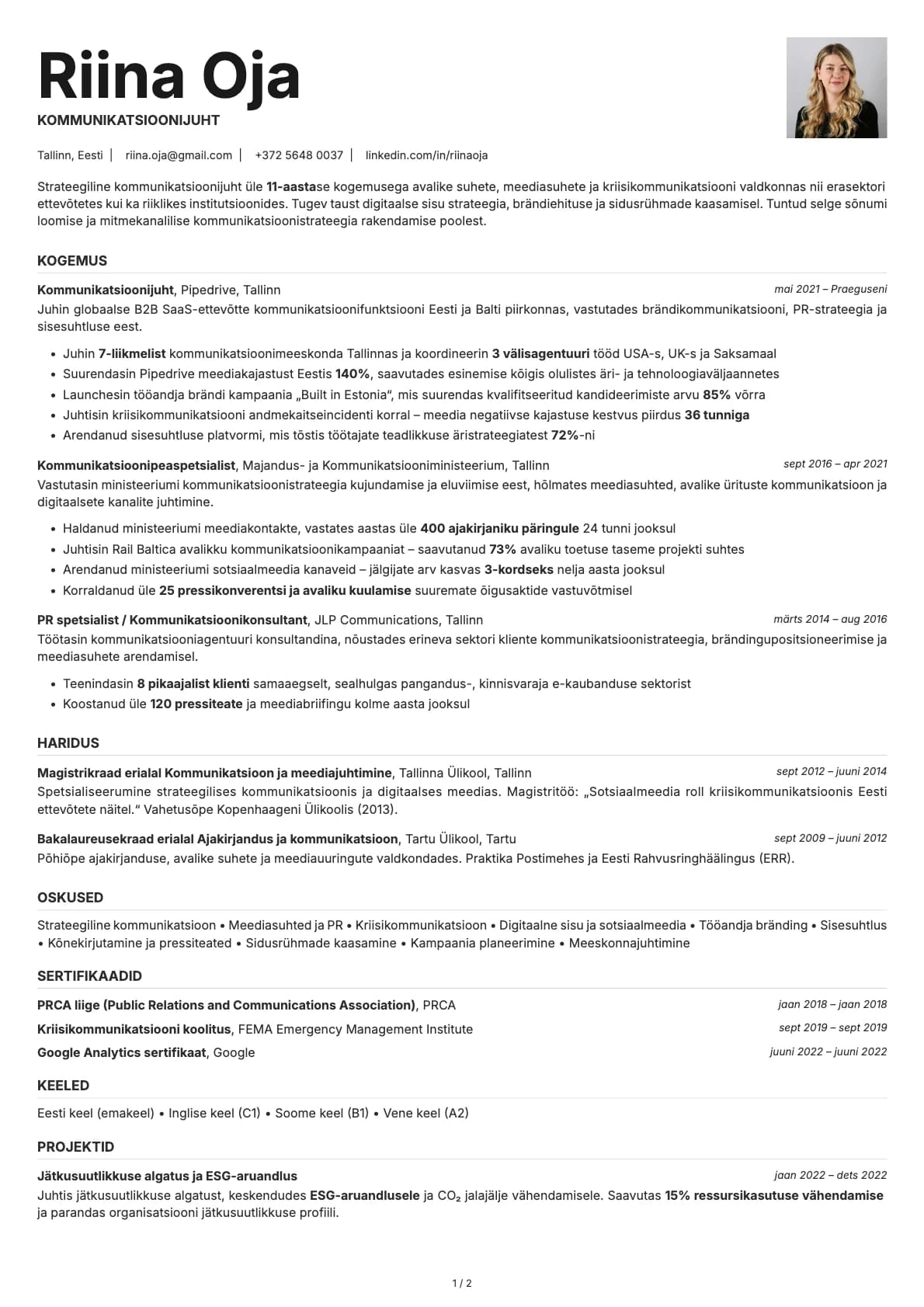 Kommunikatsioonijuht resume example