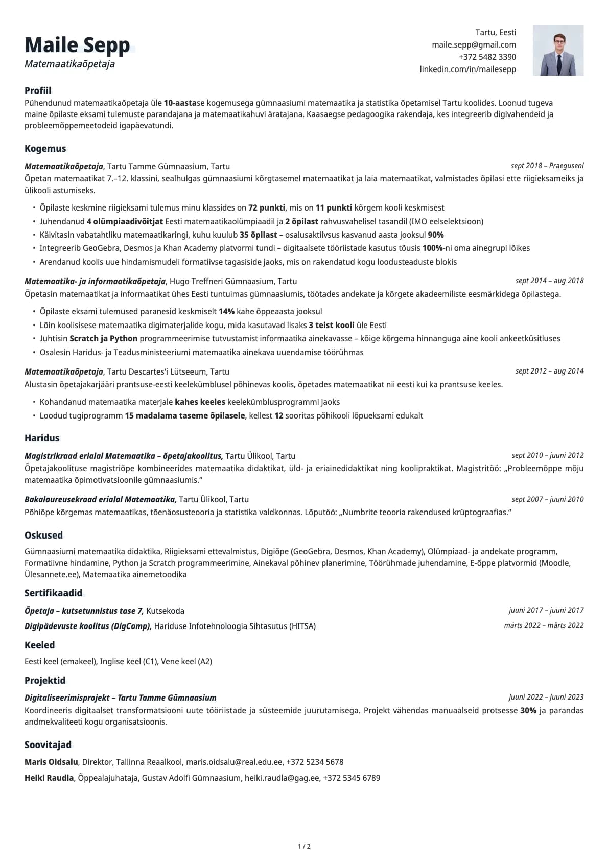 Kooliopetaja resume example