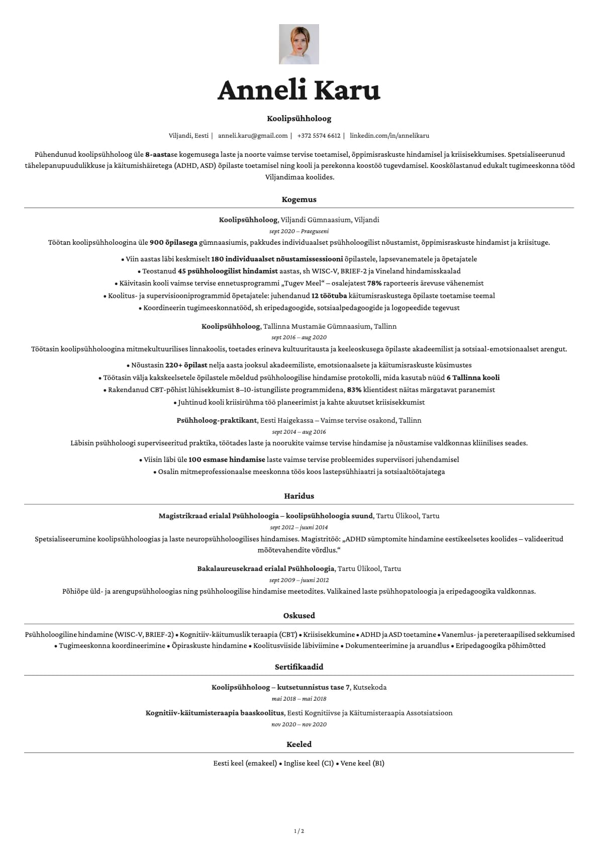 Koolipsyhholoog resume example
