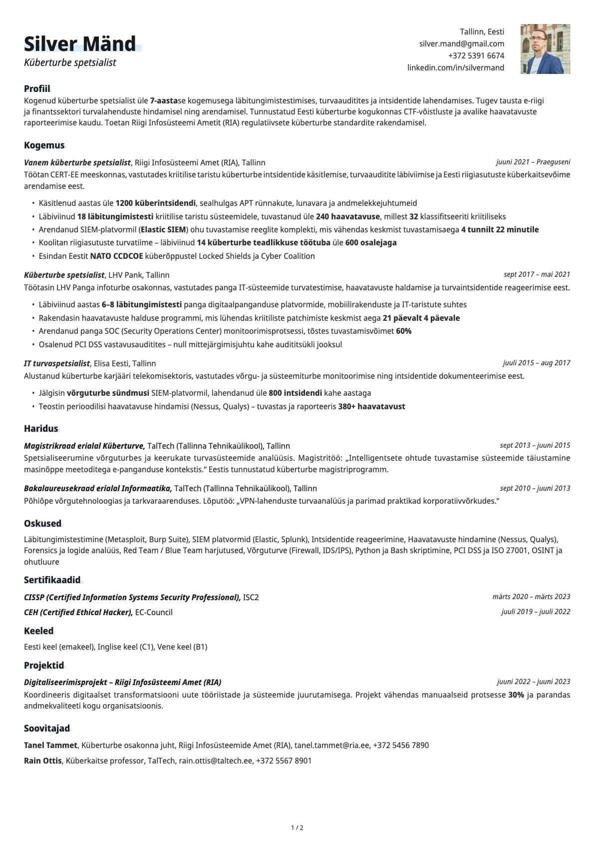 Küberturbe spetsialist resume example