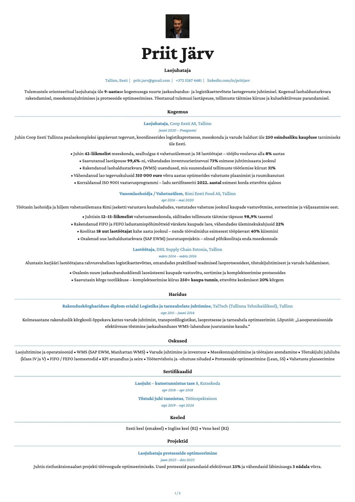 Laojuhataja resume example