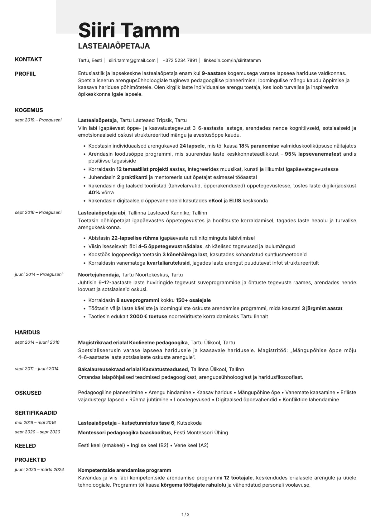 Lasteaiaopetaja resume example