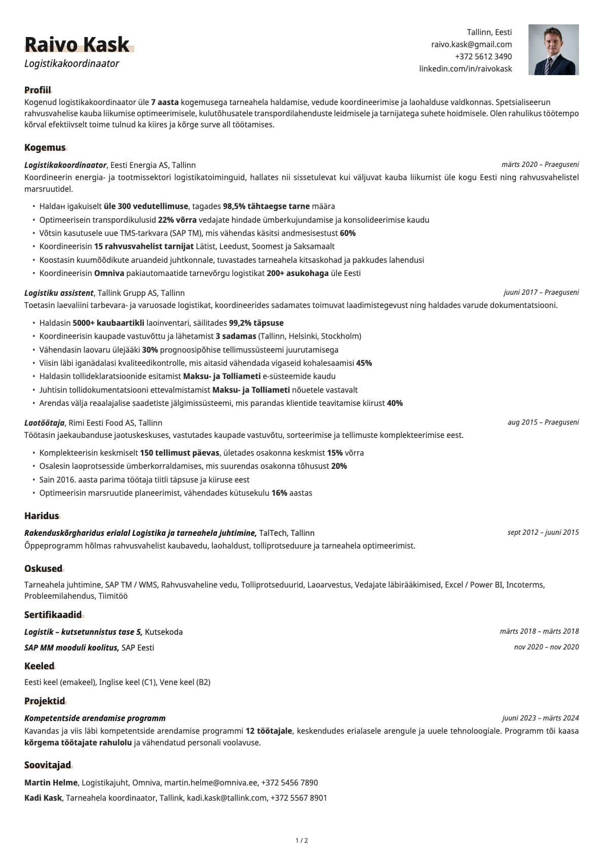 Logistikakoordinaator resume example