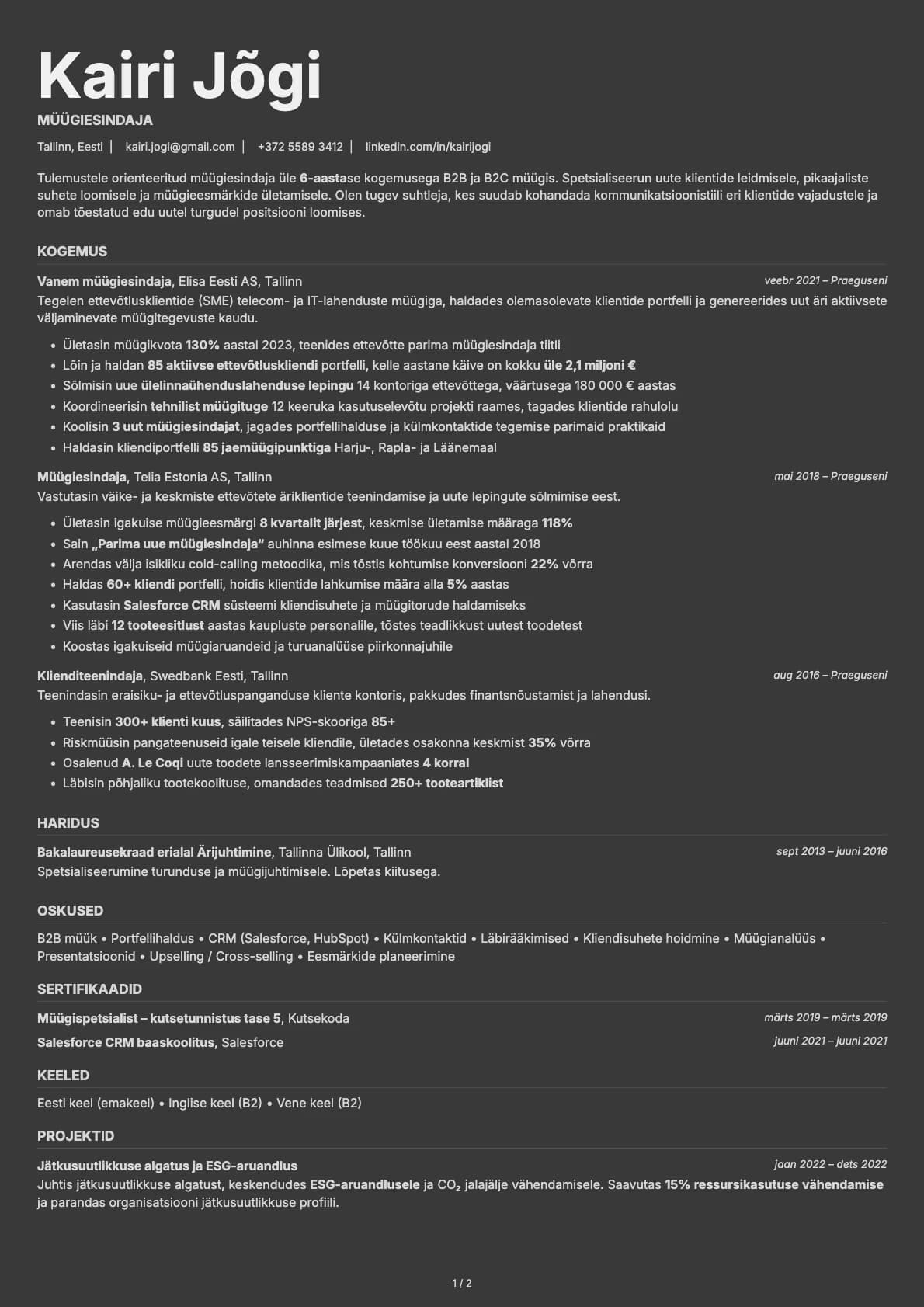 Müügiesindaja resume example