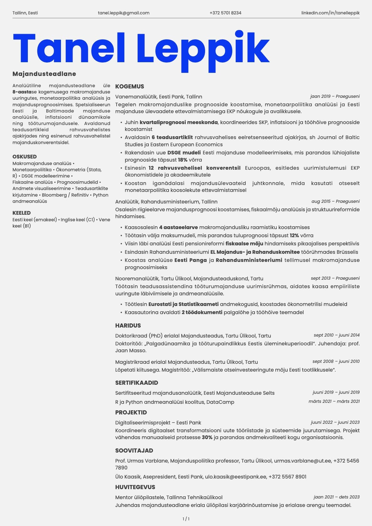 Majandusteadlane resume example