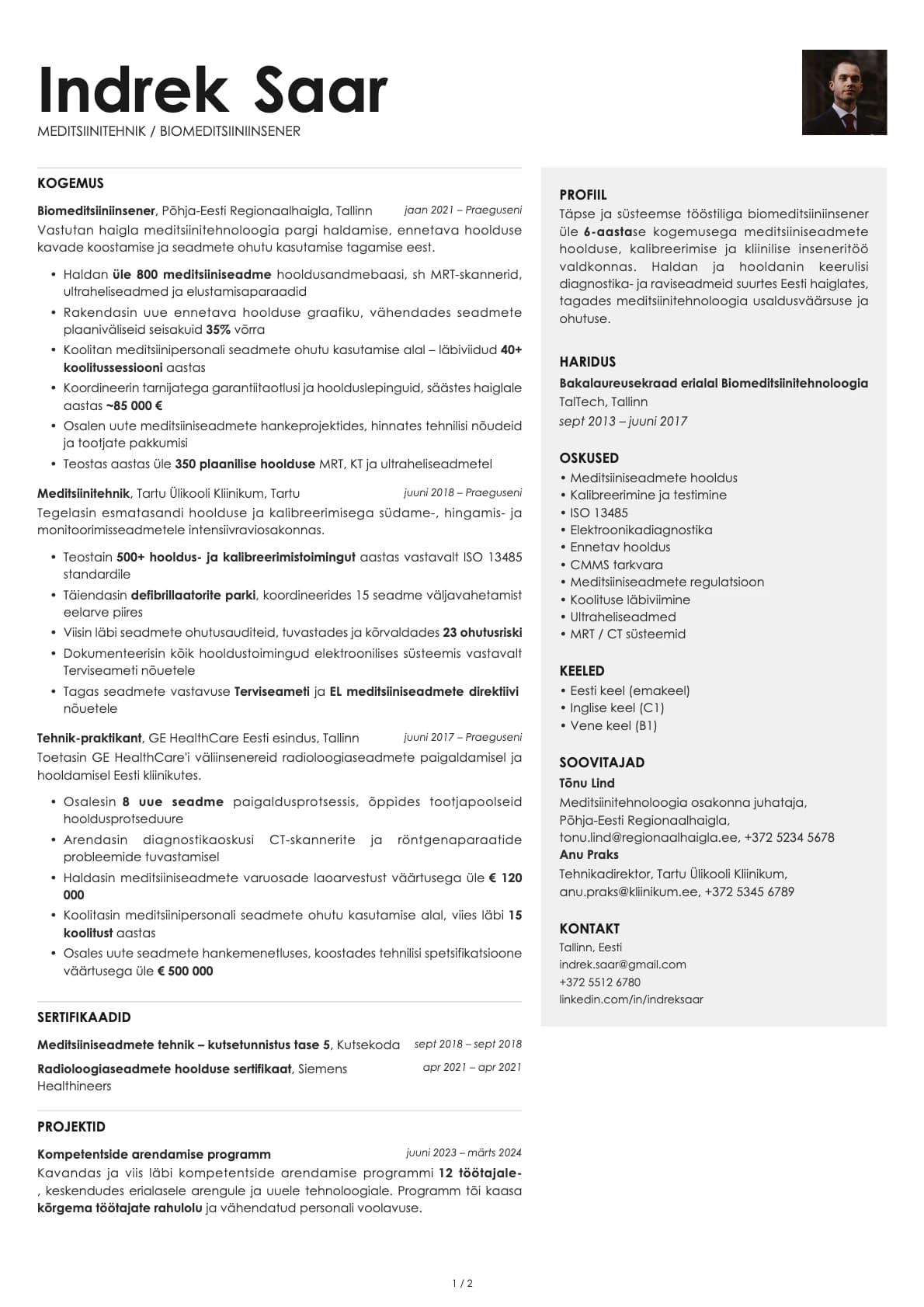 Meditsiinitehnik / Biomeditsiiniinsener resume example