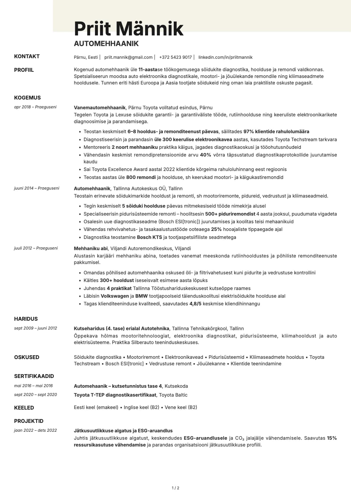 Automehhaanik resume example