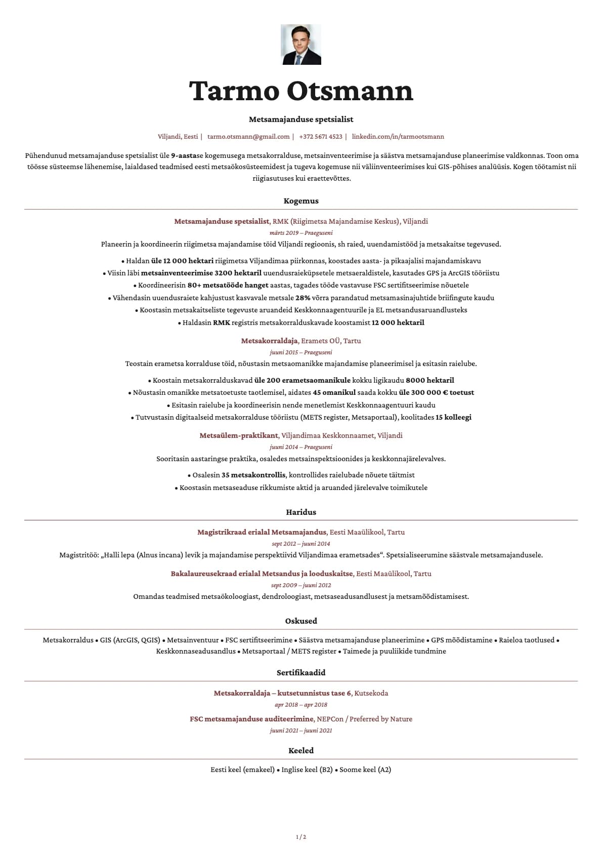 Metsamajanduse spetsialist resume example