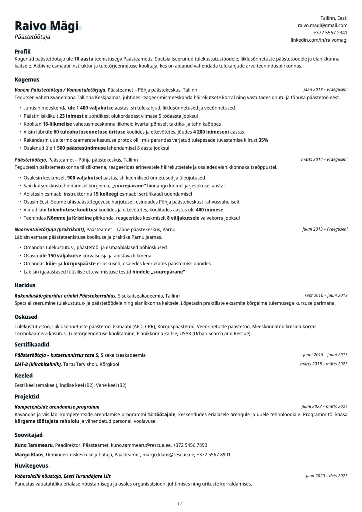 Paastetootaja resume example
