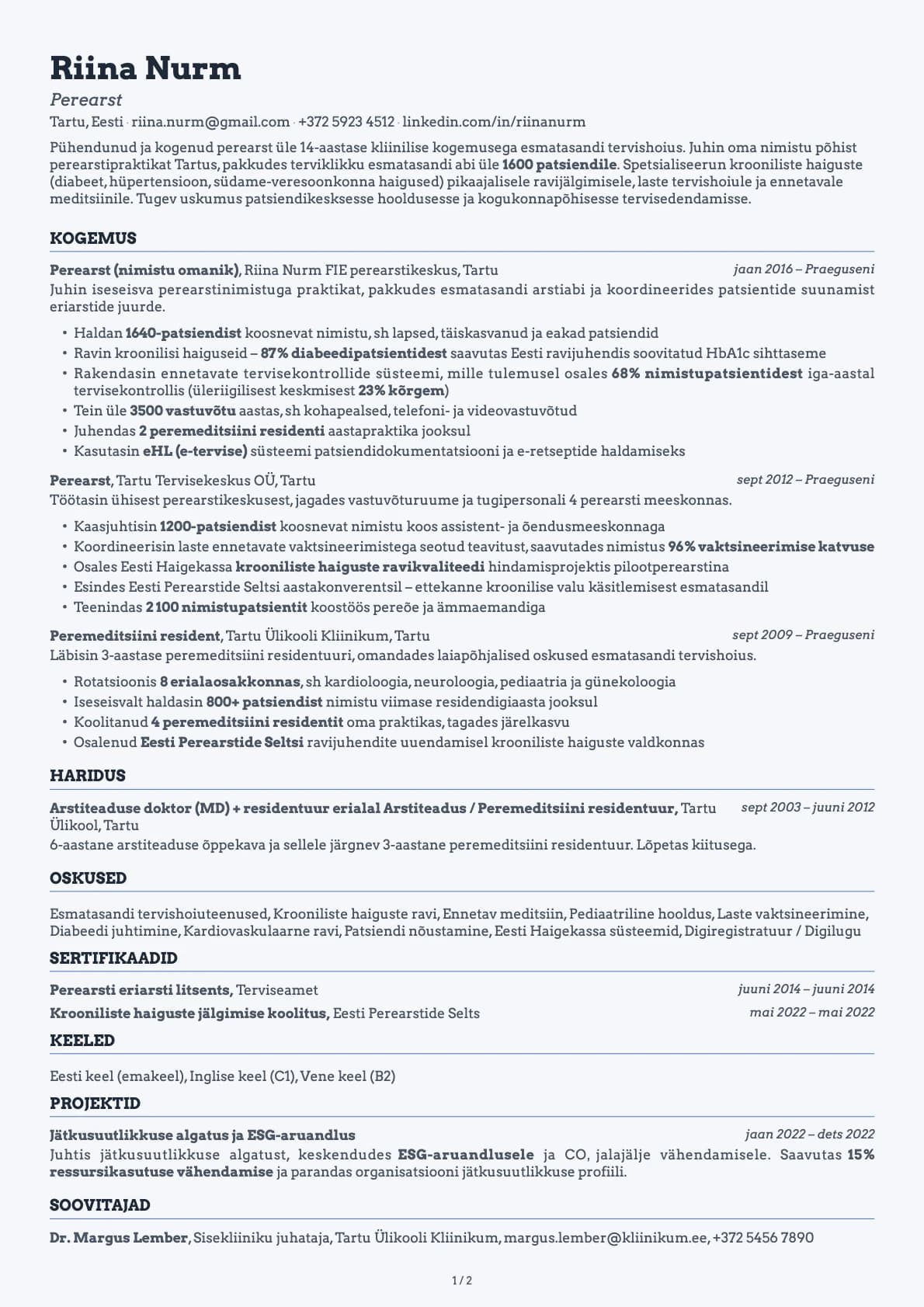 Perearst resume example