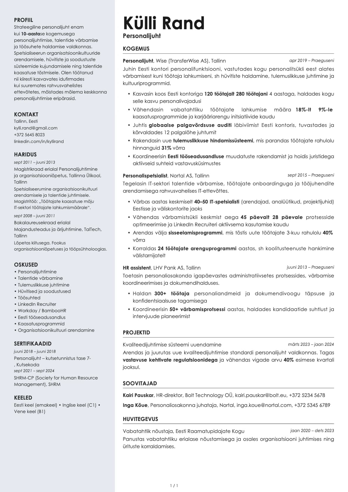 Personalijuht resume example