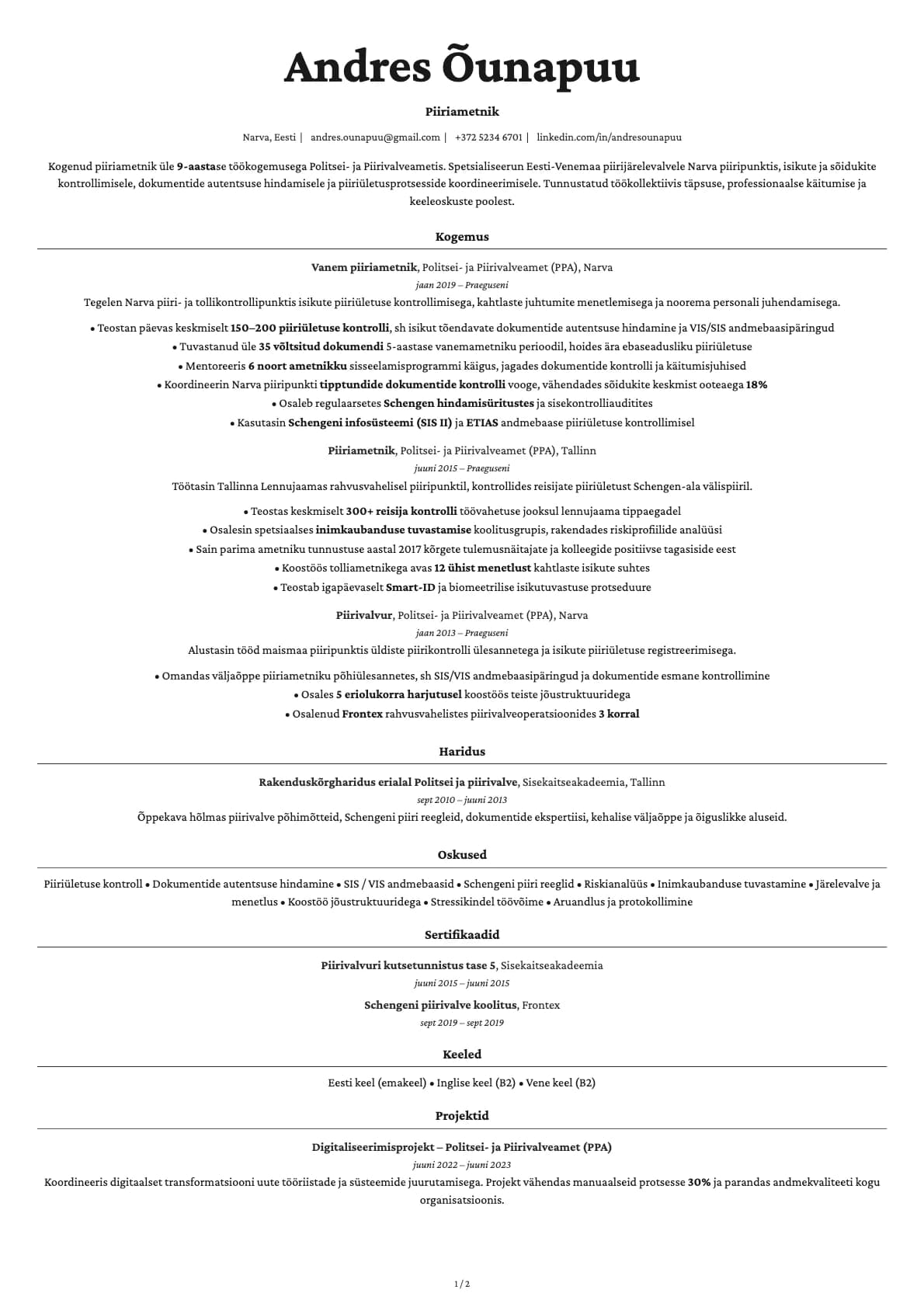 Piiriametnik resume example