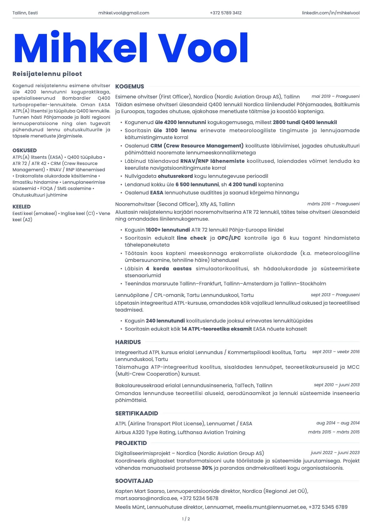 Piloot resume example