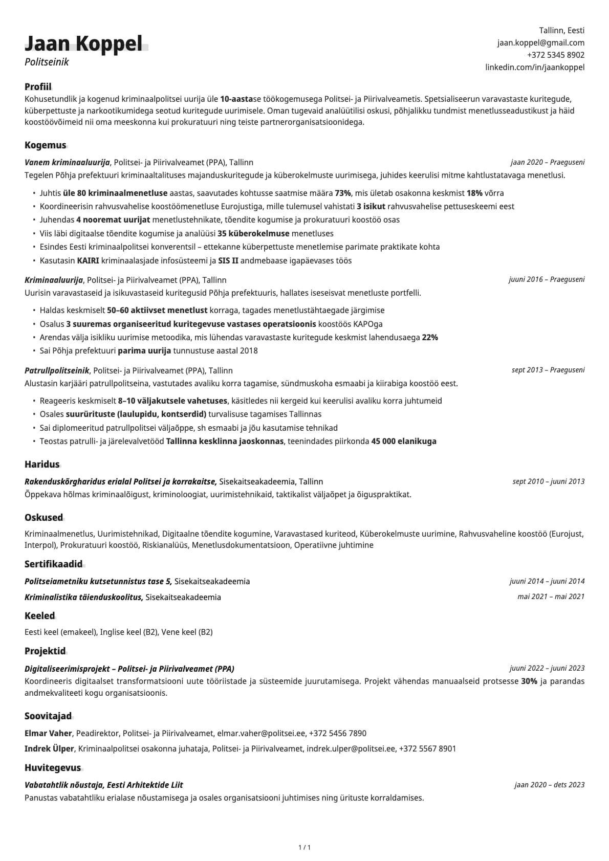 Politseinik resume example