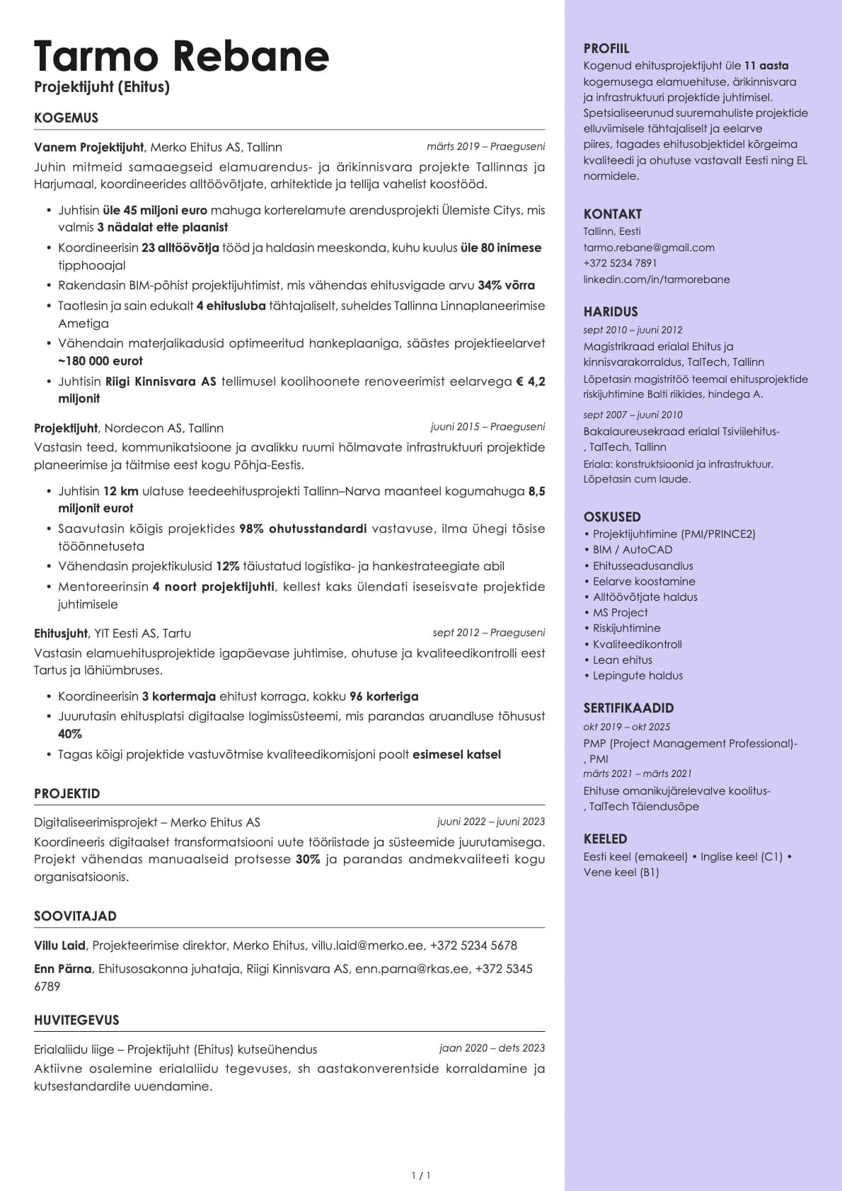 Projektijuht (ehitus) resume example