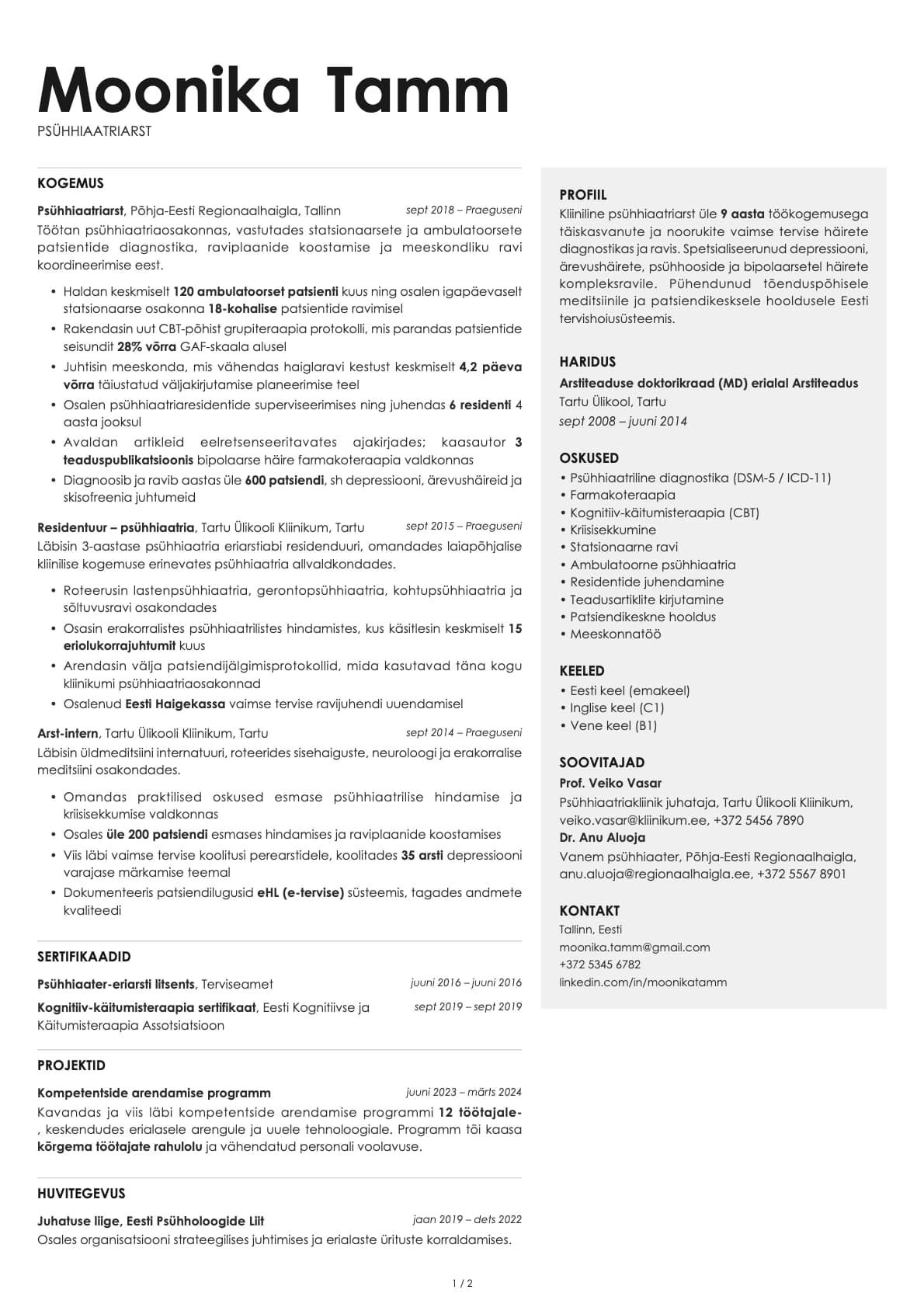 Psühhiaatriarst resume example
