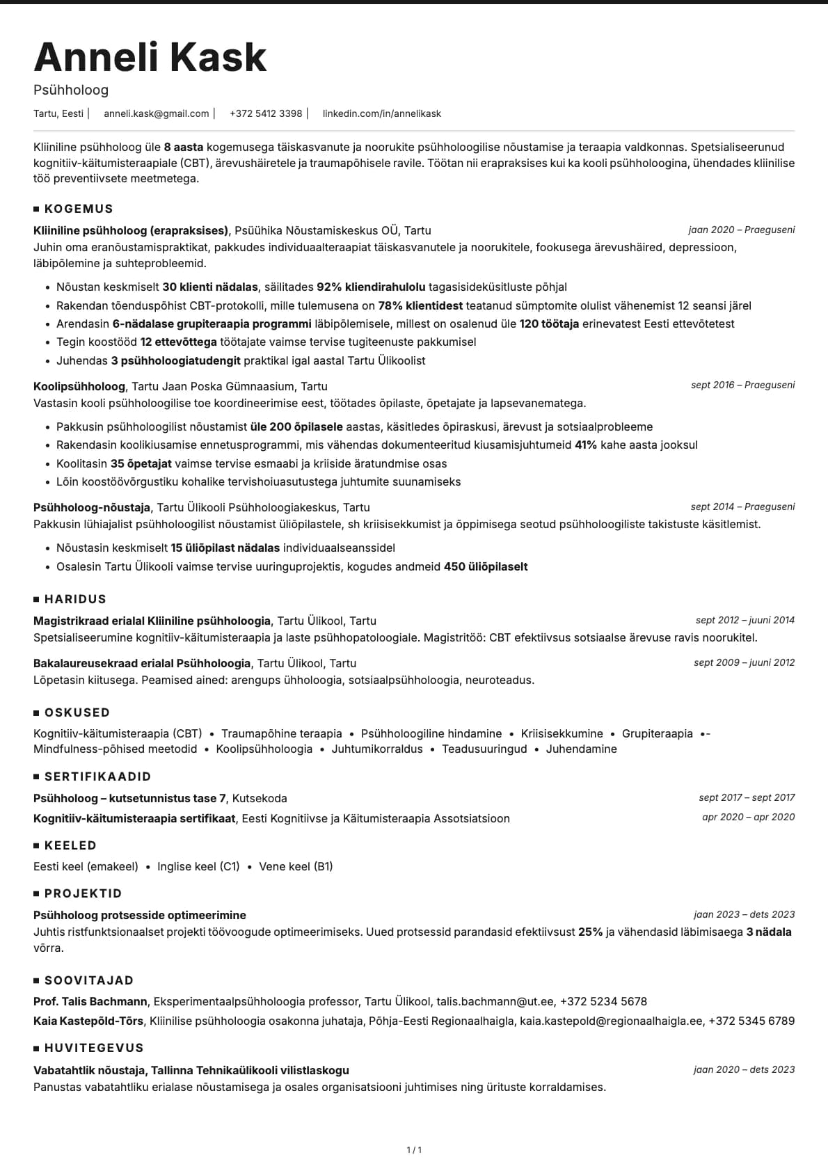 Psyhholoog resume example