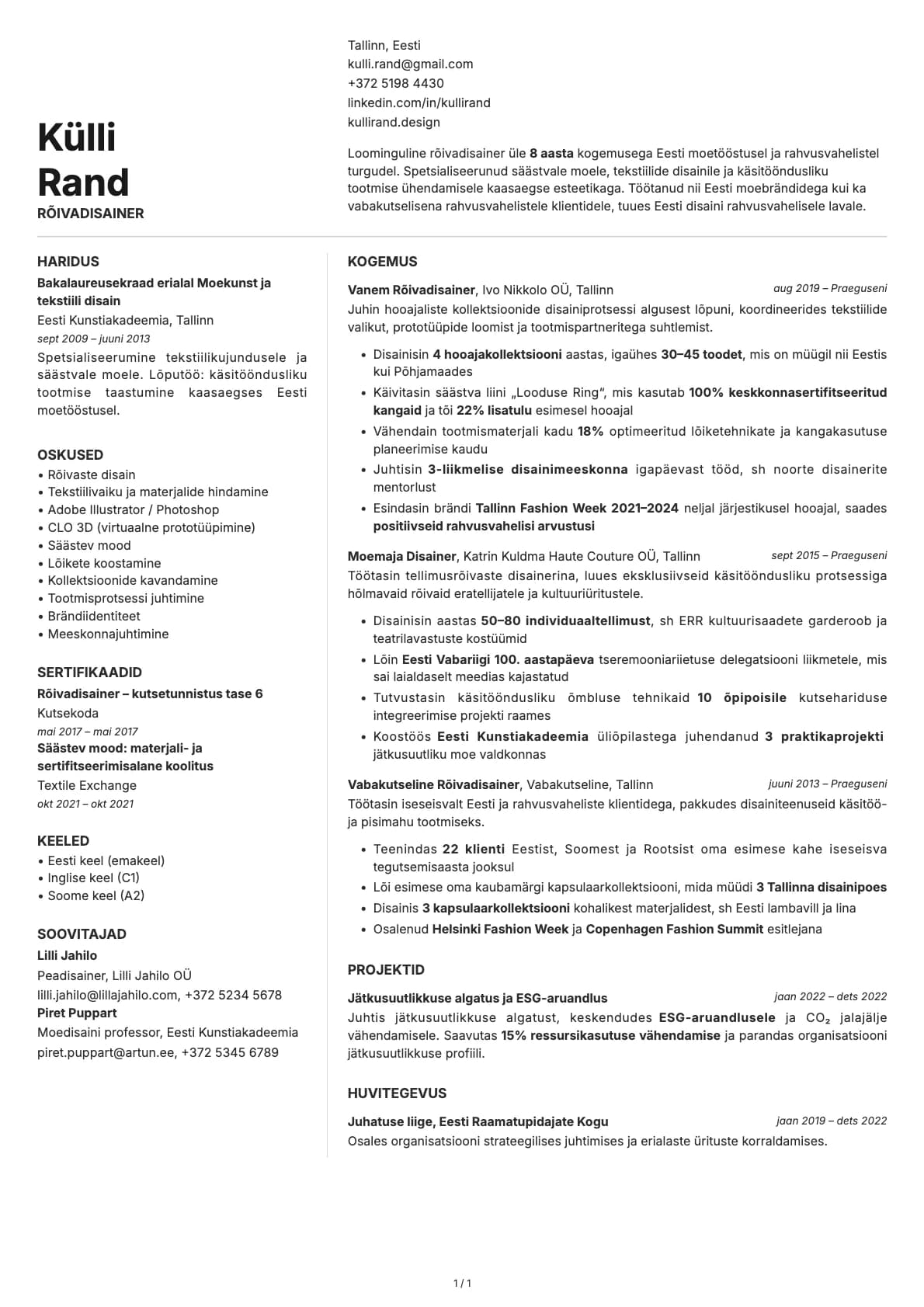 Rõivadisainer resume example