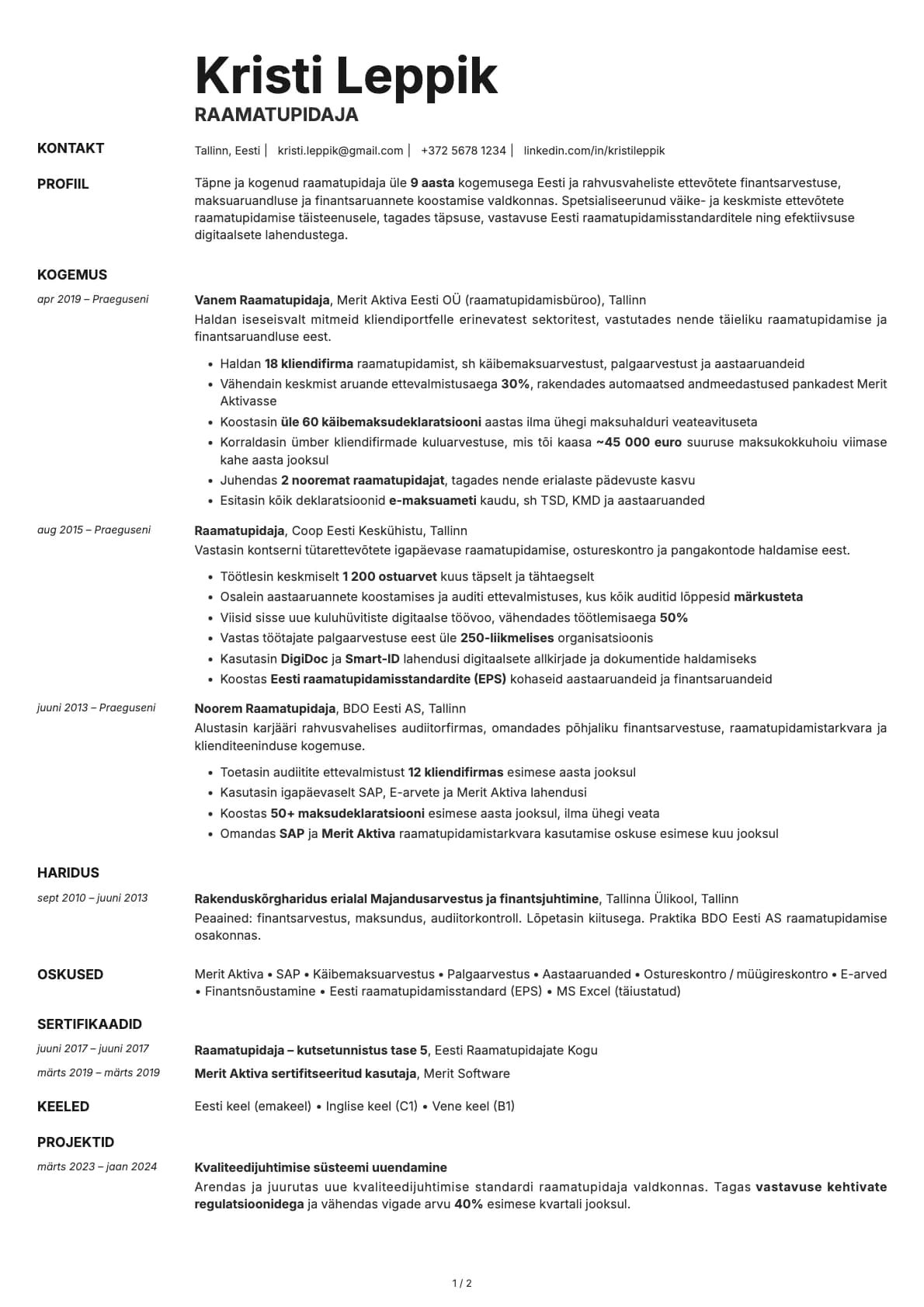 Raamatupidaja resume example