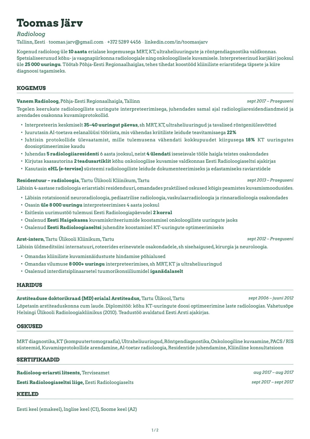 Radioloog resume example