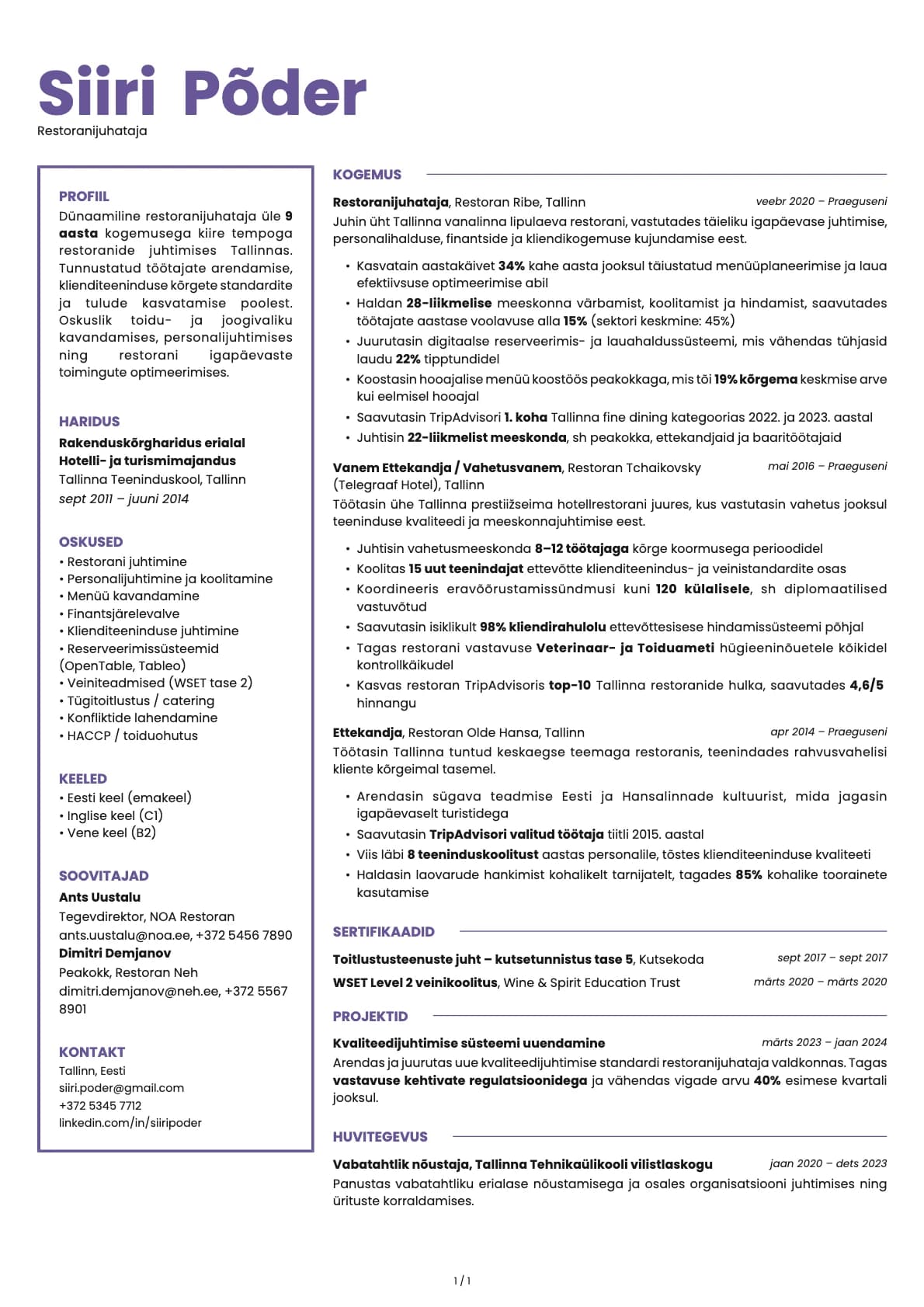 Restoranijuhataja resume example