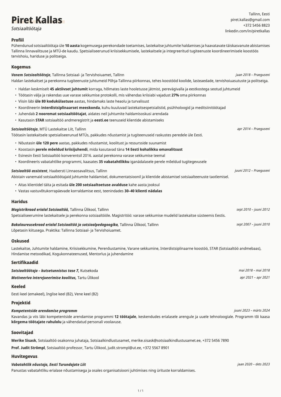 Sotsiaaltöötaja resume example