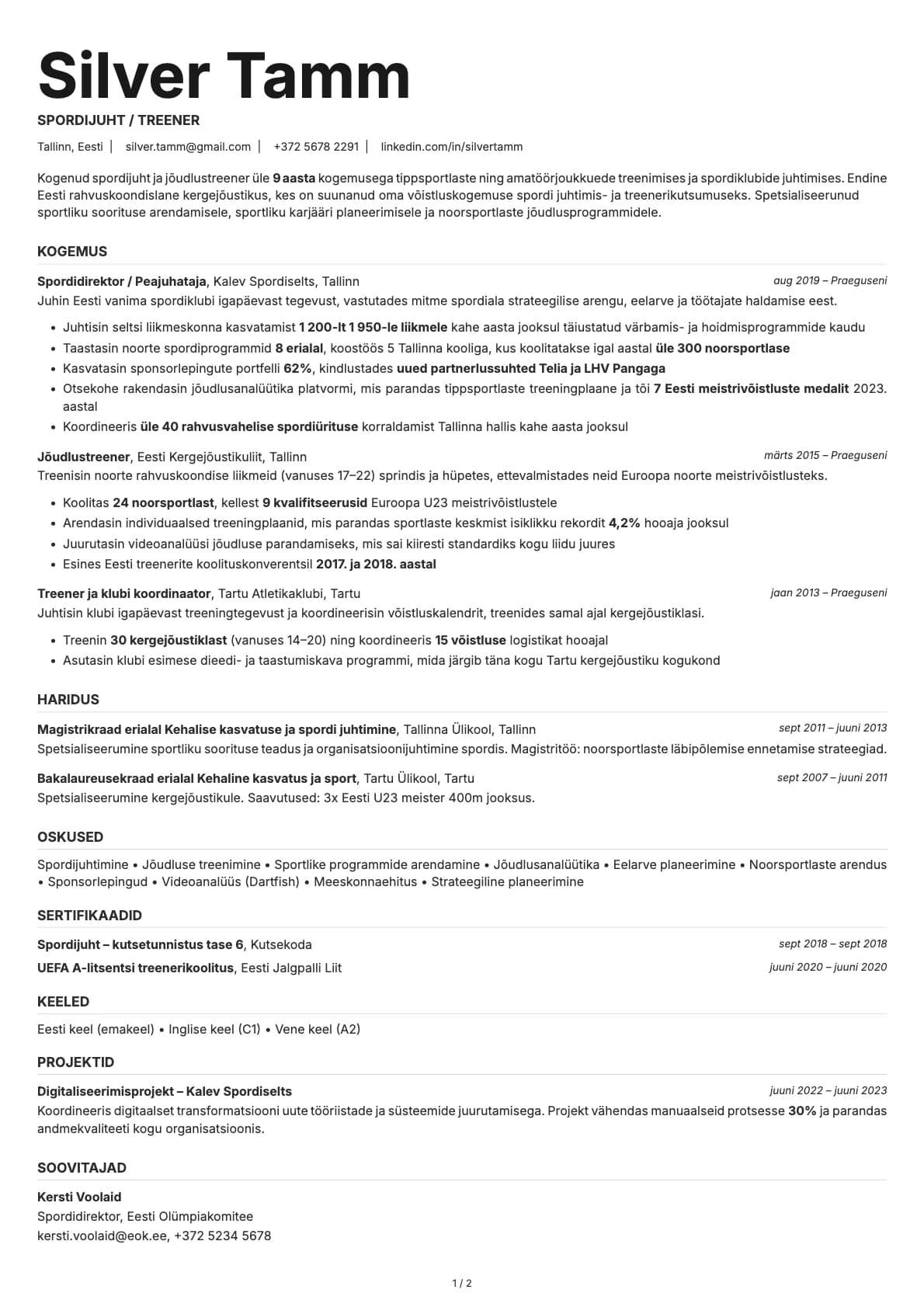 Spordijuht / Treener resume example