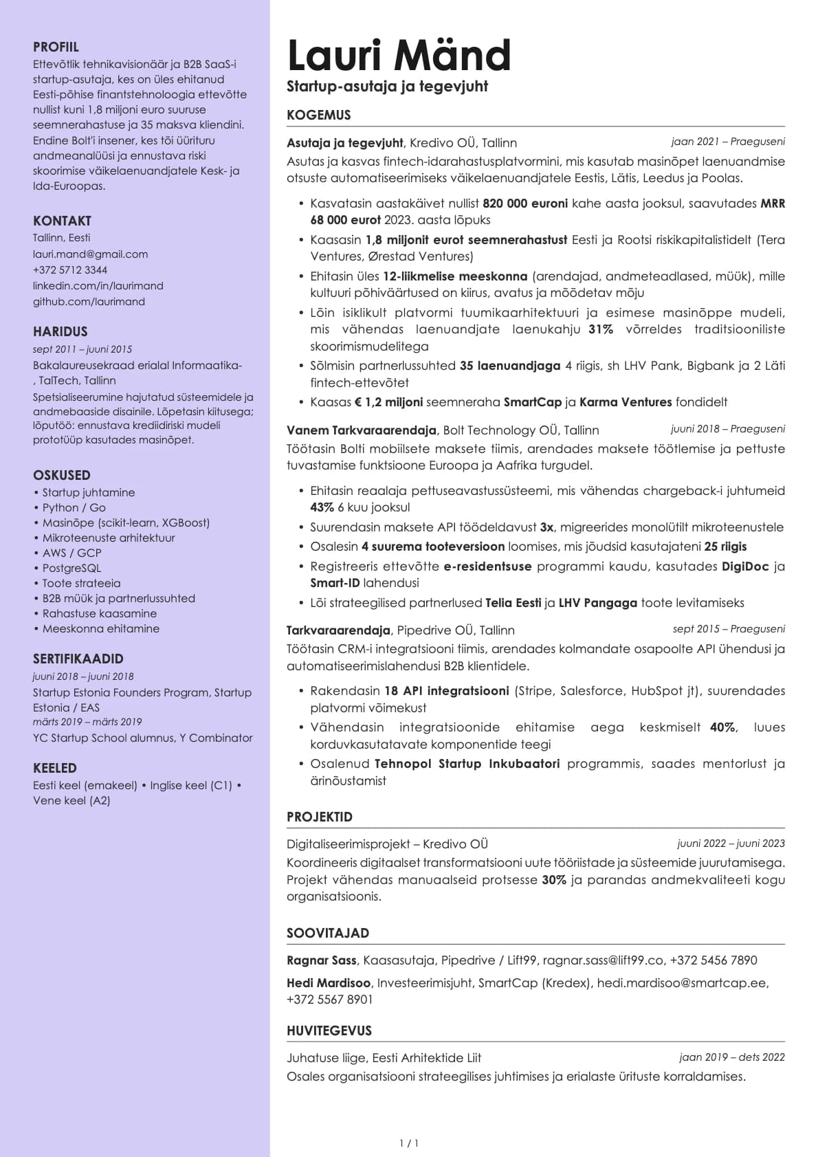 Startup asutaja ja tegevjuht resume example