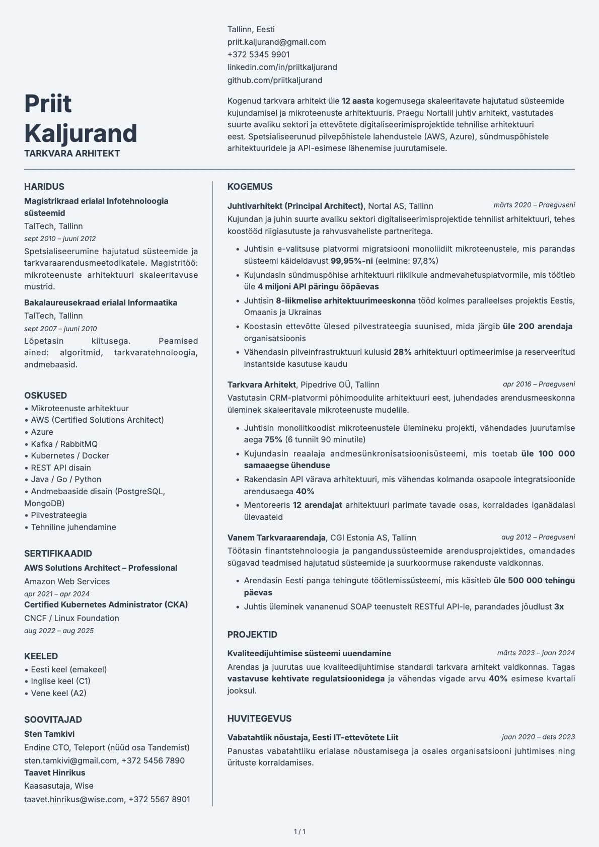 Tarkvara arhitekt resume example
