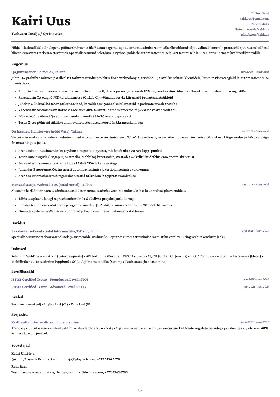 Tarkvara testija / QA insener resume example